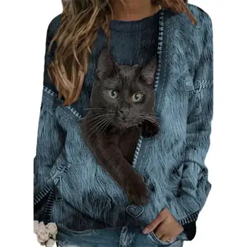 2021 Spring Diamond Cats Print Blouse Shirt Women Elegant Zipper O Neck Long Sleeve Top