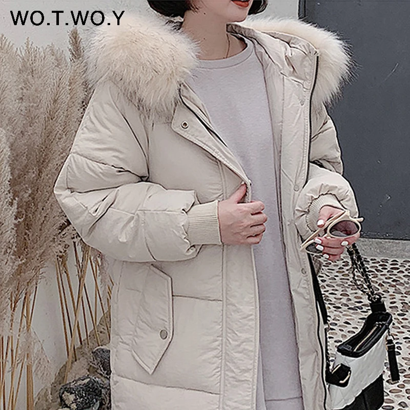 WOTWOY модная зимняя женская куртка 2019 мех ворот молния пуговицы с капюшоном длина