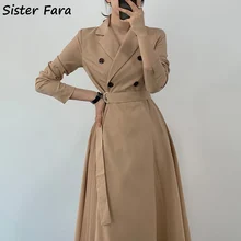 

Sister Fara Notched Pleated Dresses for Women's Elegant Double Breasted Lace Up Dresses Autumn Ladies Long Sleeve Mid-Calf Dress