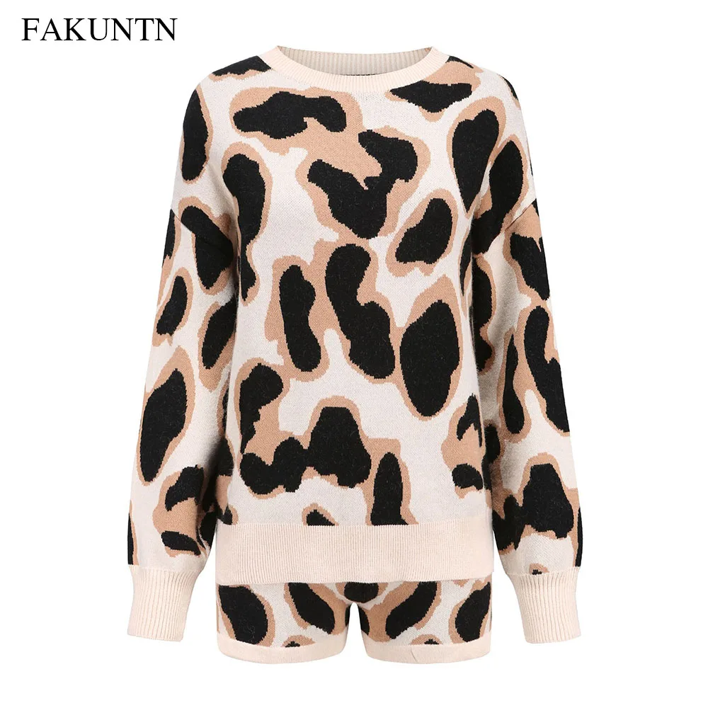 

Autumn Winter Tracksuit Women Suit Set Lounge Wear Leopard Long Sleeve Knitted Sweater Knit Shorts Two Piece Sets Women Outfits