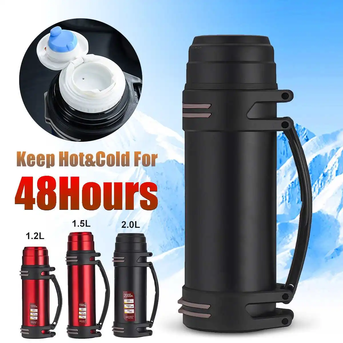 1.2-2L Stainless Steel Insulated Thermos Cup Water Mug Vacuum Flask Drink Bottle 