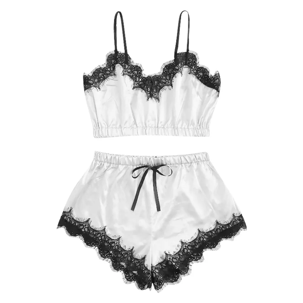 Z30 Lingerie Sexy Bra Set Women's Sleepwear Sleeveless Strap Lace Trim Satin Cami Tops Pajama Sets Bras Women Brief Sets