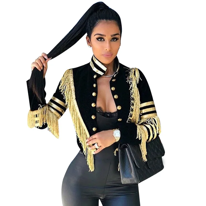 

Fringe Tassel Bomber Jacket Women 2019 Autumn Winter Streetwear Button Slim Gothic Female Coats Short Fall Black Cropped Jacket