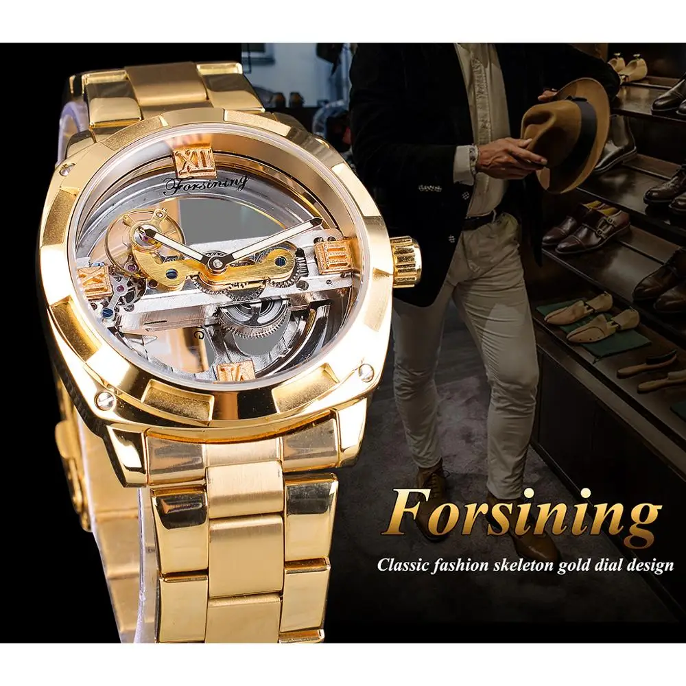 Cena Forsining przezroczysty złoty mechaniczny zegarek mężczyzna Steampunk szkielet automatyczna skrzynia biegów własny wiatr pasek ze stali nierdzewnej zegar Montre
