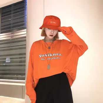 

Korean Orange Loose Letter Print T-shirt Oversize Women Casual Long Sleeve T Shirt Female Pullovers Hip Hop Tshirt Tops Tee
