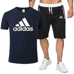 Летний мужской повседневный костюм из двух предметов, футболка с короткими рукавами + шорты, комплекты мужской уличной одежды, брендовый