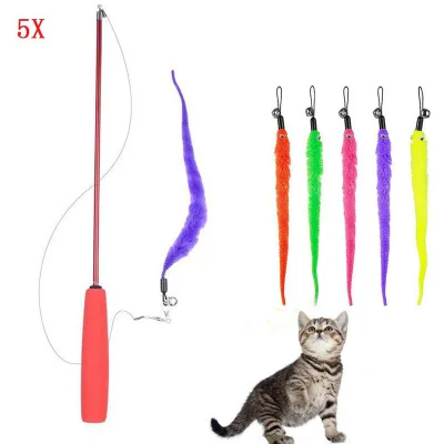 

Three-section Extendable Cat Teaser Set with 5 PCs Caterpillar Replacement Head cat toy mouse squeak cat toys interactive