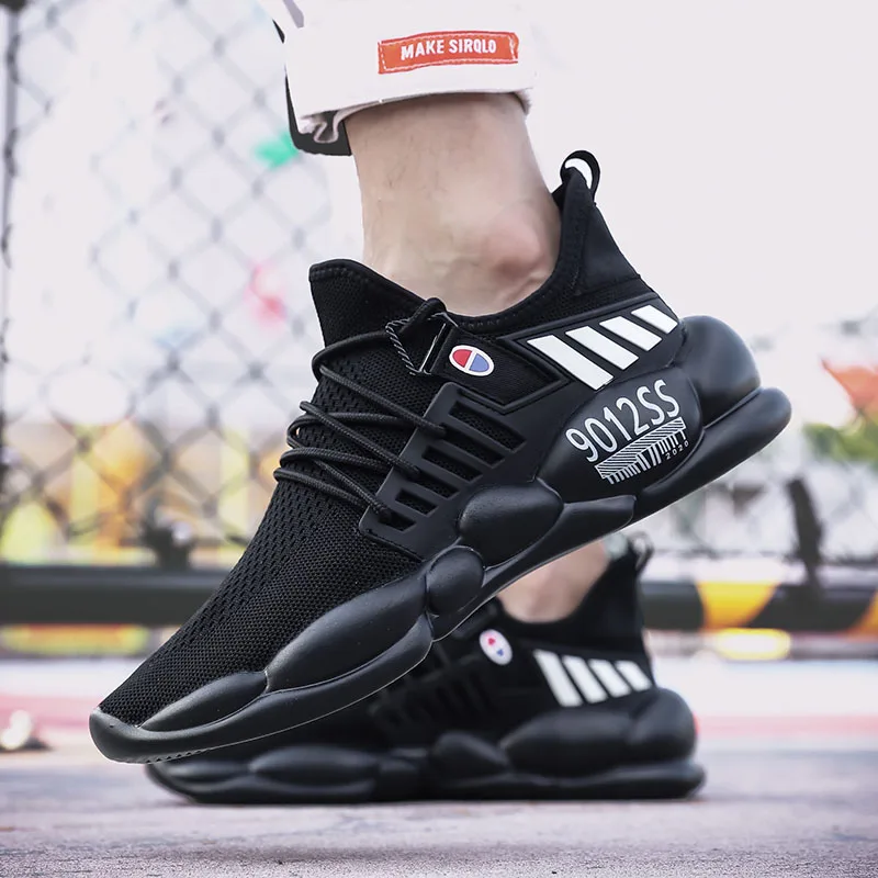 

2019 Autumn Men's Outsole Casual Sneaker Mesh Breathable White Running Shoes Men Cuff Lace-up Flat-bottomed Fashion Sports Shoes