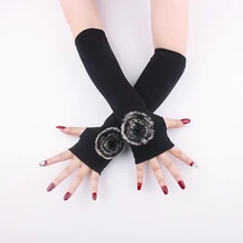 Rabbit Fur Ball Arm Covers Black Half Finger Gloves Winter Warm Soft Knitting Rose Ball Fake Sleeves Women Fingerless Mittens