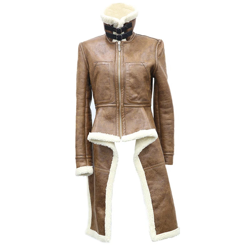 

Irregular Fleece Coats Pu Leather Turtleneck Zipper Midi Long Coat Winter Thick Female Newest Fashion Coat