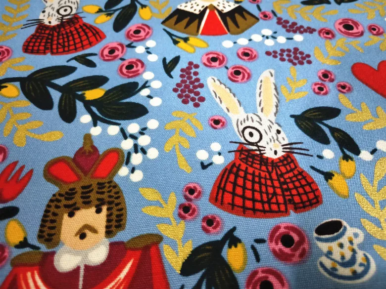 140cm Width Bronzing Alice Dream in Wonderland Blue Cotton Canvas Fabric for Gir Bag Cushion Cover Curtain Table Cloth DIY-BK622