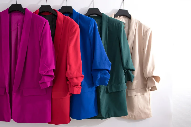 Long Blazer Women Solid Shawl Collar Pockets Office Blazers Female Outwear Tops Roll sleeve Women's Jacket And Blazer Coat