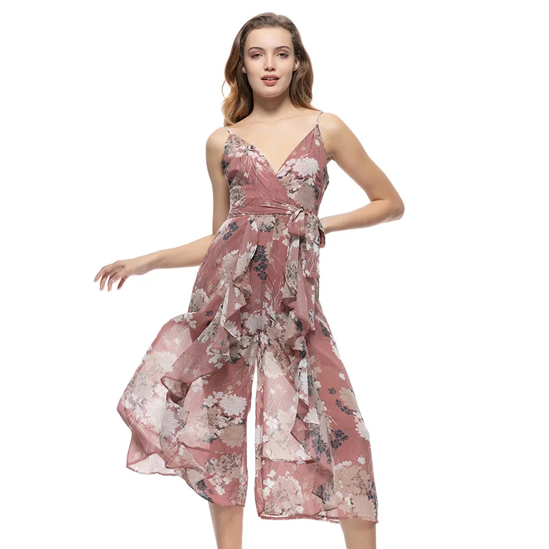 

Pink V Neck Botanical Ruffle Belted Wrap Boho Cami Jumpsuit Romper Women 2019 Summer Holiday Wide Leg Girly Jumpsuits