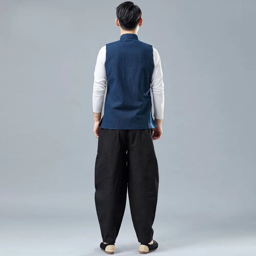 LZJN 2019 Men's Summer Waistcoat Chinese Style Print Patchwork Linen Button Down Kung Fu Shirt Sleeveless Vest Jacket (17)