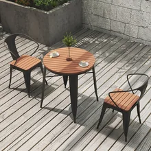 Mesa redonda pequeña de hierro forjado para exteriores, patio al aire libre, balcón, café, té de la leche, tienda, mesa y silla de madera de plástico de ocio