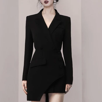 

HAMALIEL Women Black Notched Bodycon Party Dress New Runway Spring Long Sleeve Single Breasted Irregular Female Office OL Dress