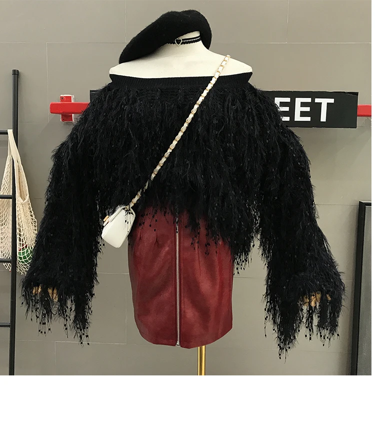 Осень-зима трикотажный пуловер Для женщин свободного кроя с длинными рукавами и бахромой милый свитер с воротником-лодочкой и трикотажные рубашки женские свитера