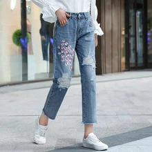 Плюс размеры для женщин в винтажном стиле; Узкие женские брюки с высокой талией джинсы Mujer весна-осень femme вышитые джинсовые брюки женский K0357