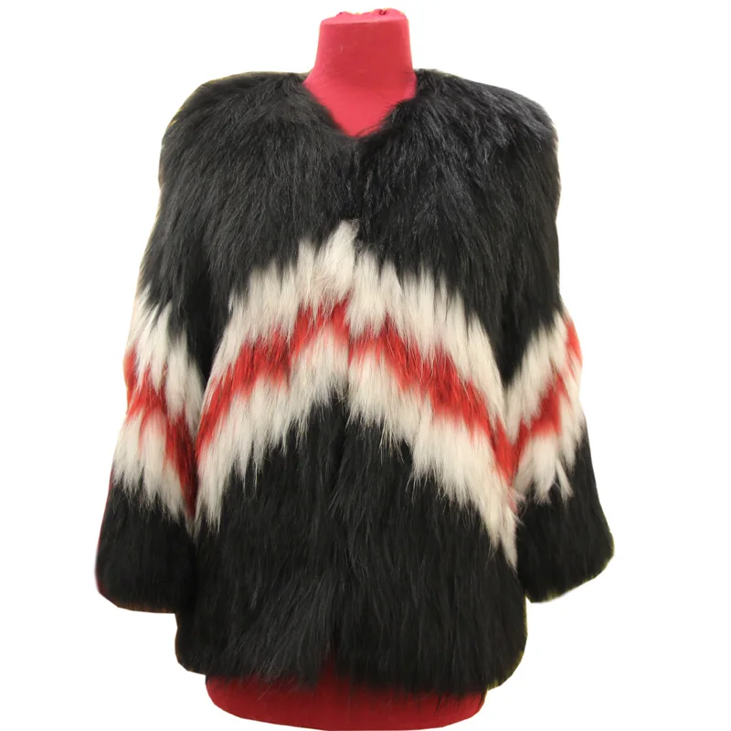 knit raccoon fur coat female long section hit color sleeve Korean version of the round neck anti-season 2019 winter | Женская одежда