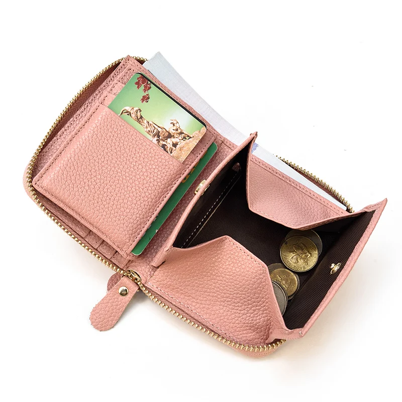 Zipper Wallet Purse Short Pink Genuine-Leather Coins-Cards Black Women Luufan for Pocket