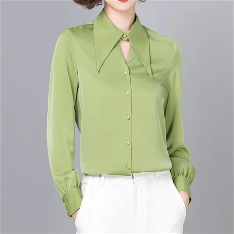 

Offce Ladies Blouses Women's Shirt Formal Business Chiffon Blouses for Women Satin Solid Button Up Peter Pan Collar Basic Shirts