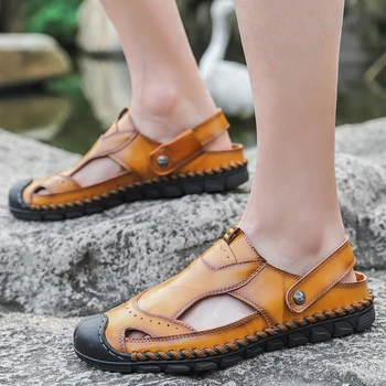 

Men Sandals Summer Genuine Leather Roman Sandals handmade sewing Male Casual Shoes Beach Men Fashion Outdoor Slippers Shoes