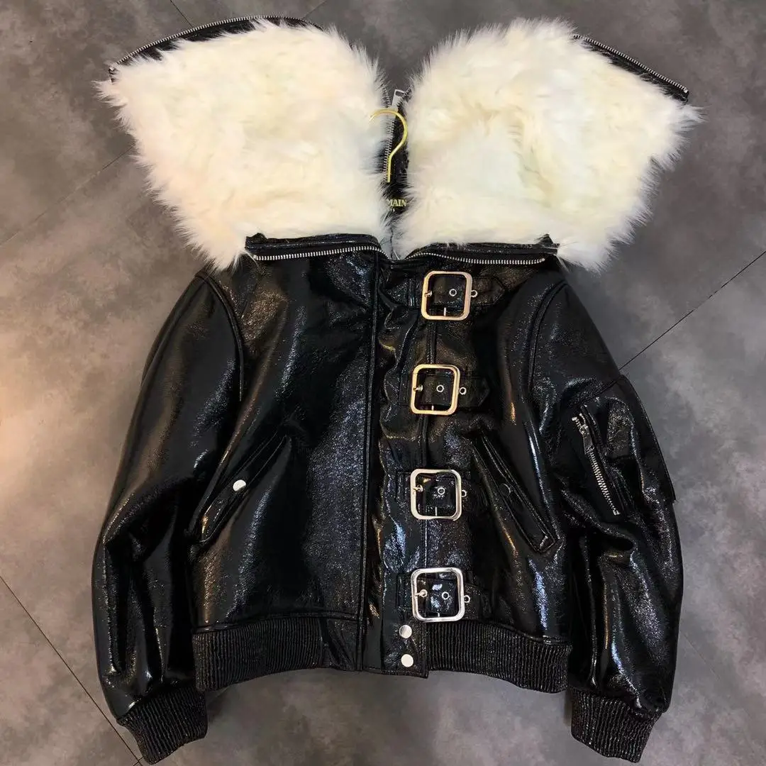 

Leather Jacket Real Fur Collar Pu Leather Jacket Women 2019 Winter New Long Sleeve Bright Face Pu Cotton Clothes for Women
