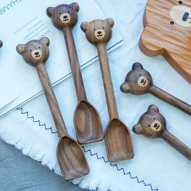 Black walnut bear tableware wooden spoon Japanese style ins jam honey cute handwriting | Дом и сад