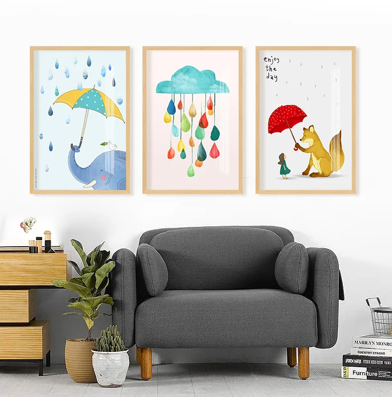 

Nursery Art Animals Gallery Wall Art Prints Bear Fox Elephant Rain Cloud Scandinavian Sketch Picture Posters Kids Room Decor