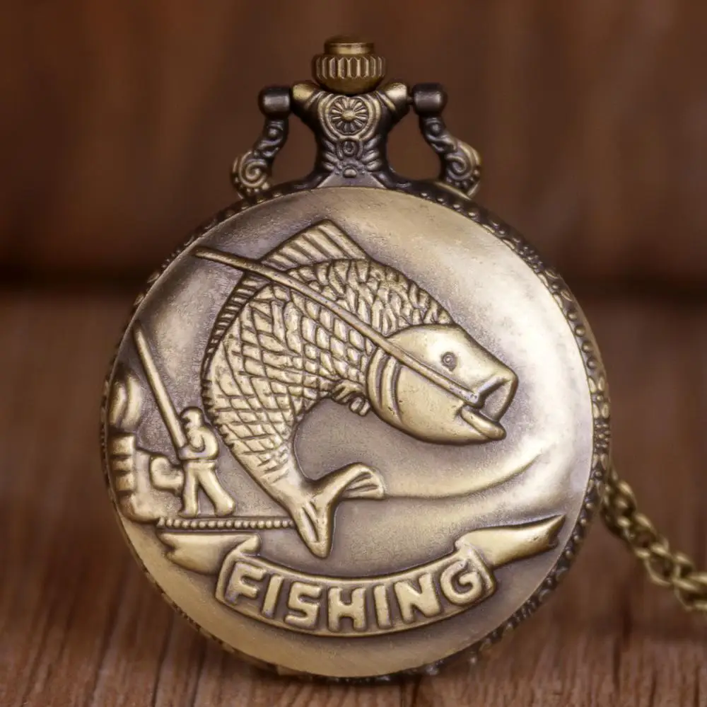 Винтажные бронзовые Кварцевые карманные часы с подвеской в виде рыбной ловли, часы для мужчин и женщин, Подарочные часы, брелок на цепочке, TD2033