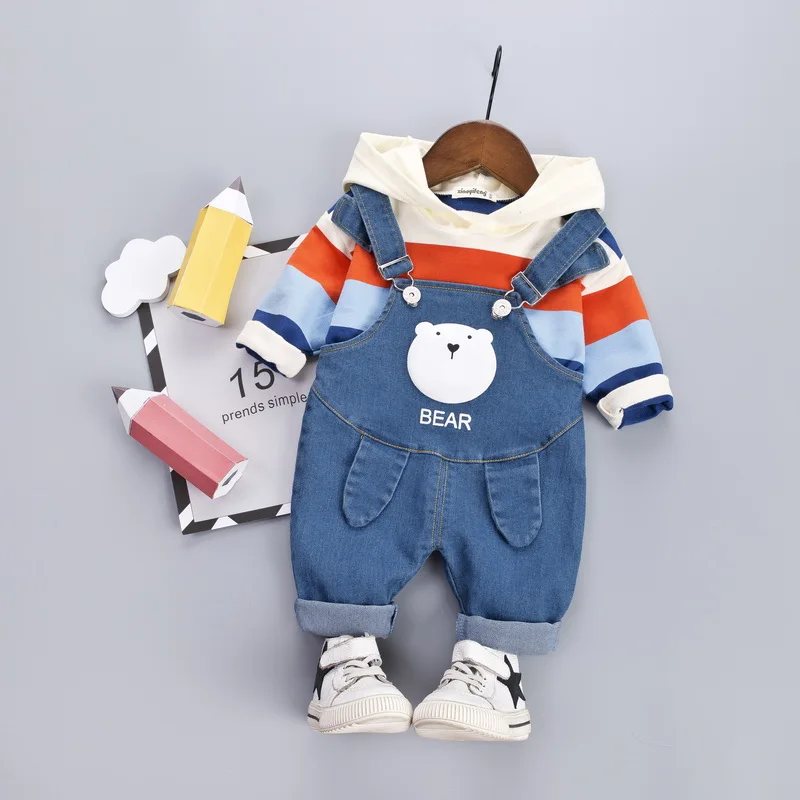 Одежда для новорожденных мальчиков Одежда для маленьких девочек полосатая футболка с капюшоном+ комбинезон детская одежда