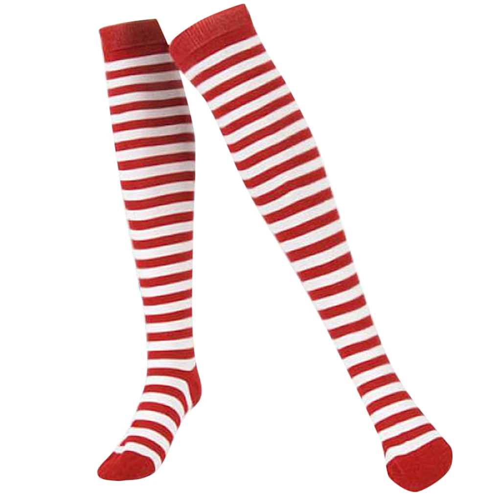 Fancy Dress School Girl Red White Stripes Thigh High Stockings Cotton Costume