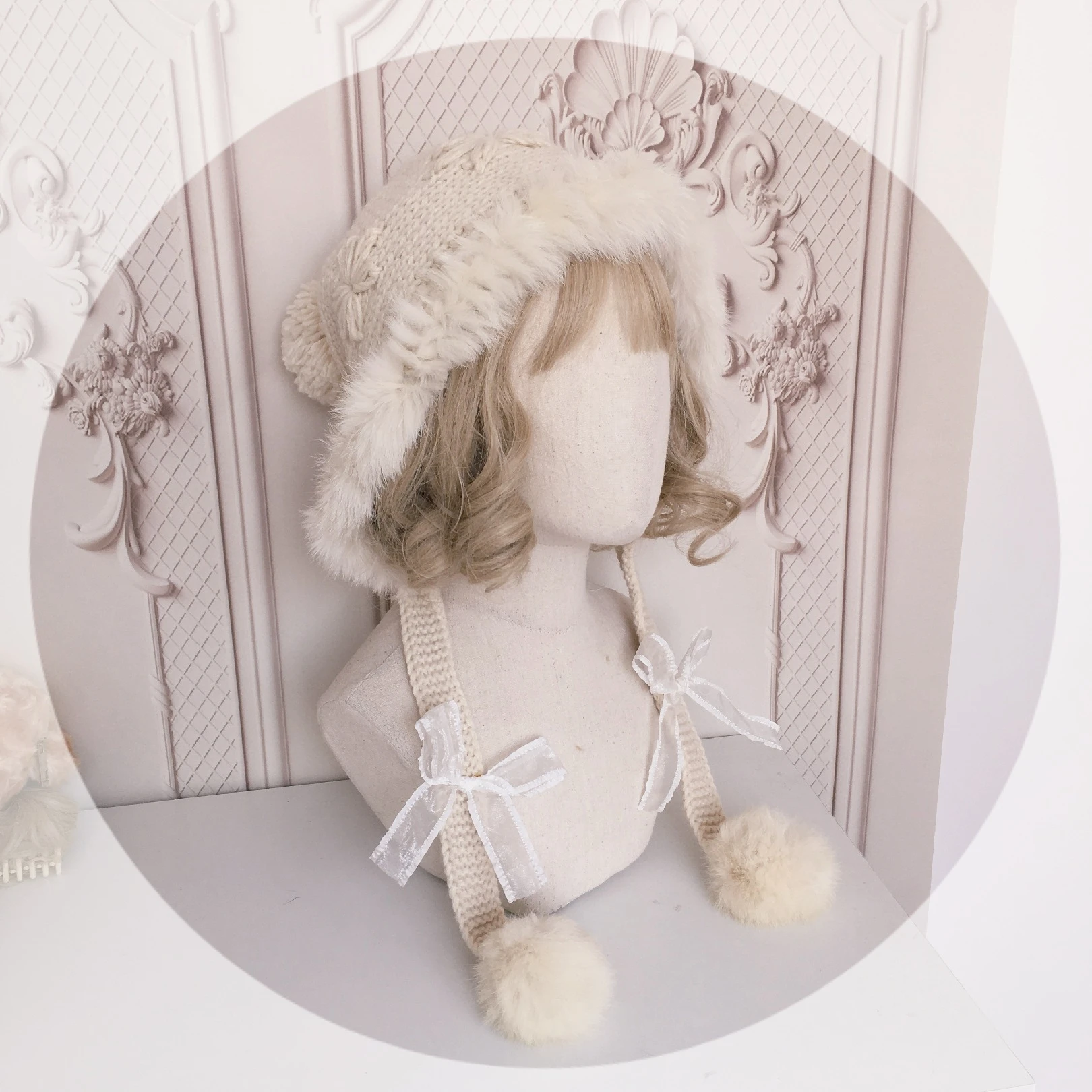Lolita element autumn and winter warm rabbit fur ear protection hat knitted wool hat cute fur ball 3