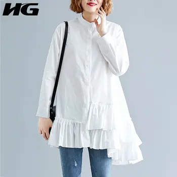 

HG Cascading Ruffle Women Shirts Irregular Plus Size Women Tops Solid Color Womens Tops and Blouses Loose Literary Shirt XJ1877
