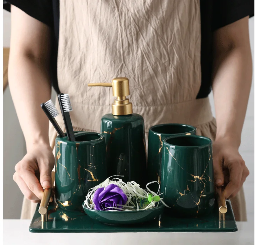 Золотая мраморная керамика набор для ванной светло Роскошный зеленый мыльница для кухни дезинфицирующее средство для рук косметический шампунь бутылка геля для душа лоток