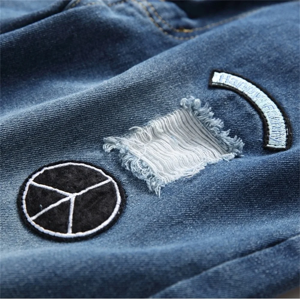 EH·MD® Embroidered Micro-Chapter Jeans Men's Cotton Tight-Fitting Breathable Holes Scratched Slim Fit Ankle-length Pants Wearing