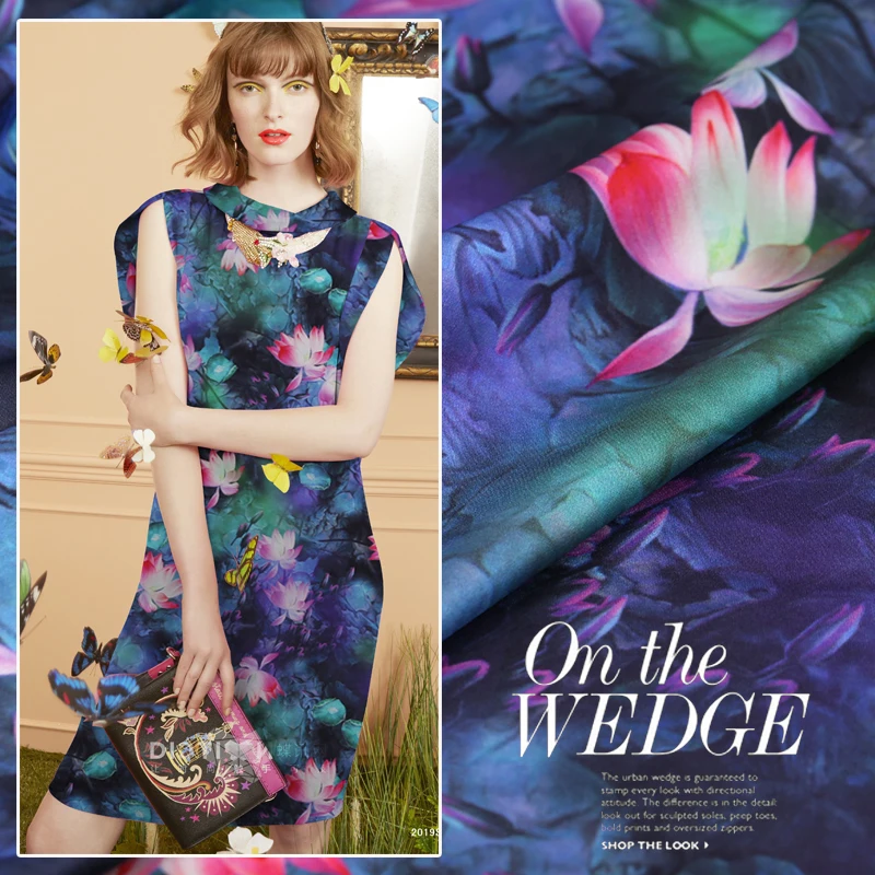 Шелковая ткань на платье с принтом Красного лотоса швейный материал шелковая атласная ткань тутового шелка