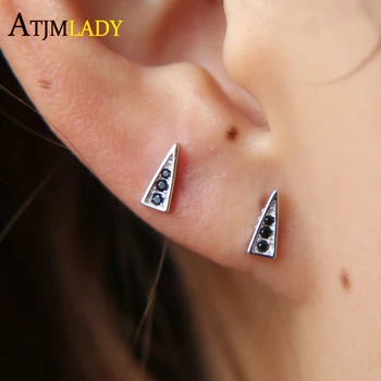 

christmas gift minimal tiny triangle studs pave three black cubic zirconia cz stone 925 sterling silver geometric earring