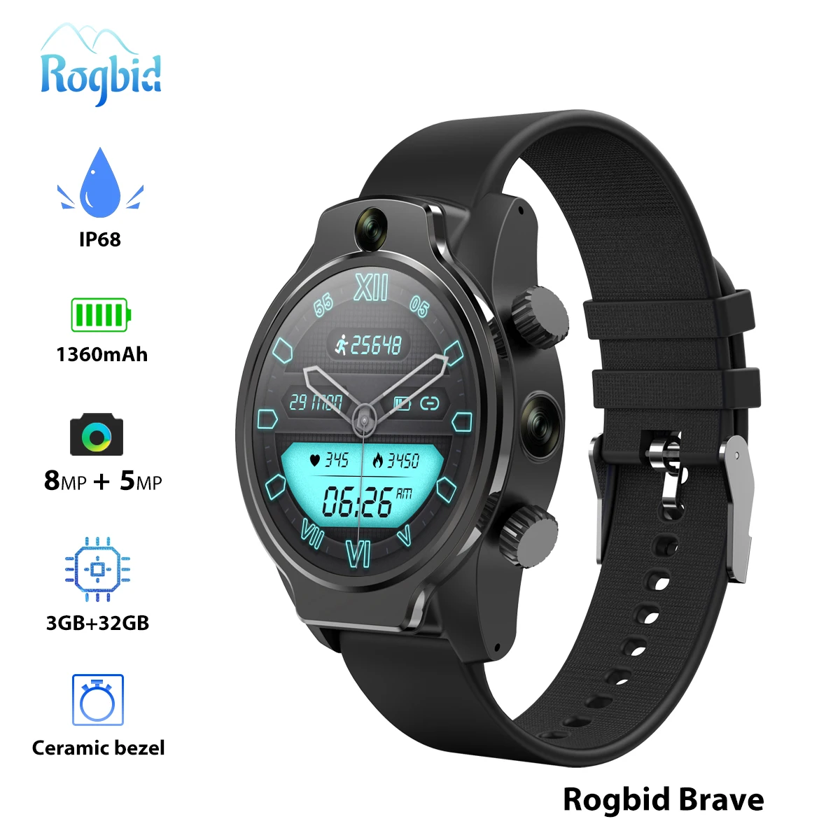 

Rogbid 3GB 32GB Smart Watch Men 1360mAh Battery Dual Camera Face ID unclok 1.6" 4G Android smart watches GPS WiFI sim For Diving