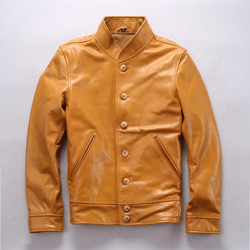 Модная брендовая мужская куртка из коровьей кожи с воротником-стойкой однобортный Повседневный пиджак Эйнштейна мужской желтый мужской кожаный плащ - Цвет: yellow