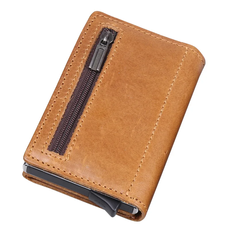 Кожаный держатель для карт мужской Анти RFID металлический кошелек на молнии Алюминиевый Кошелек для монет автоматический всплывающий чехол для кредитных карт мини Обложка для паспорта - Цвет: Brown