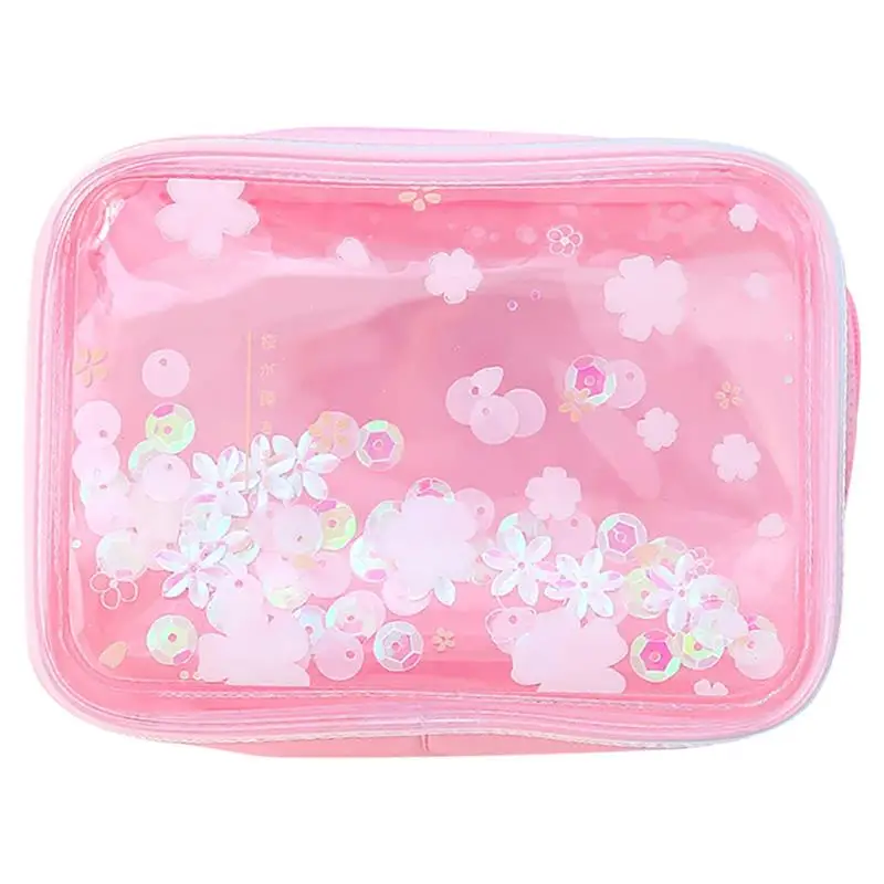 Розовая косметичка с цветком вишни для девочек, водонепроницаемая косметичка с пайетками, с песком, Ins style, дорожная сумка переносная сумка