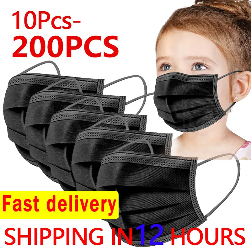 10-200 Uds máscara de niño desechable cara máscara negro no tejida 3 capa de máscara de la boca Anti polvo transpirable protección mascarillas para niños envío rápido