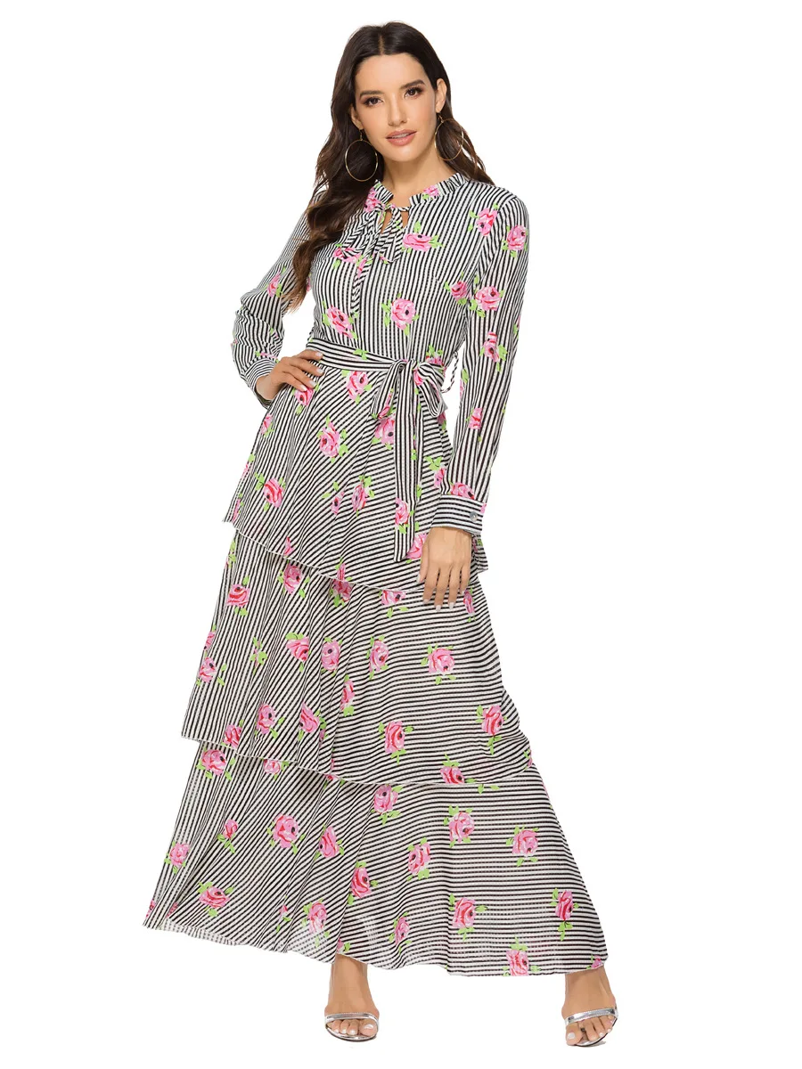 Элегантный Дубайский Мусульманский платье Турция абайя индонезийская мода с длинными рукавами печатных торт платье кафтан марокканский Средний Восток длинная юбка