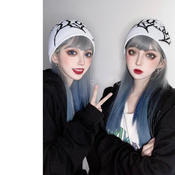 

MANWEI 45CM Blue gray Mixed Beige Bob Ombre Long Straight Wavy Bangs Cute Synthetic Halloween Cosplay Wig