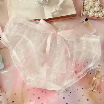 

Japanese soft sister cute Lolita girl pants ribbon bow wave point gauze transparent lace waist sexy underwear