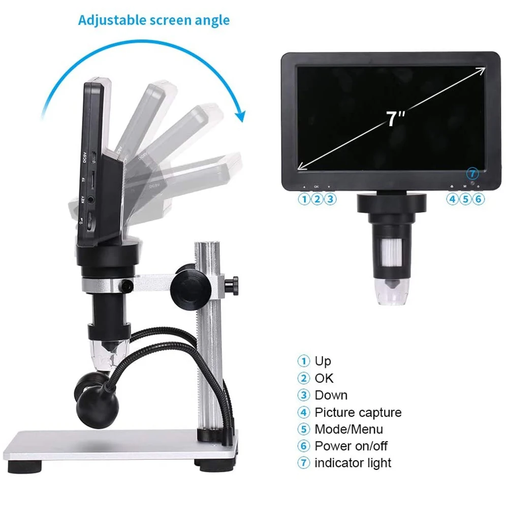 TKDMR 12MP 1200X USB Digital Microscope for Electronic 7 Inch Display 8 LED Magnifier Wire Control for PCB Motherboard Repairing