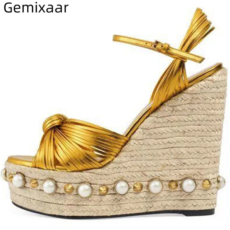 

2019 Hot Wedges Sandals Woman Med Platform Multy Colors Ladies Party Shoes Narrow Band High Wedge Decor Pears Woman Sandals 43
