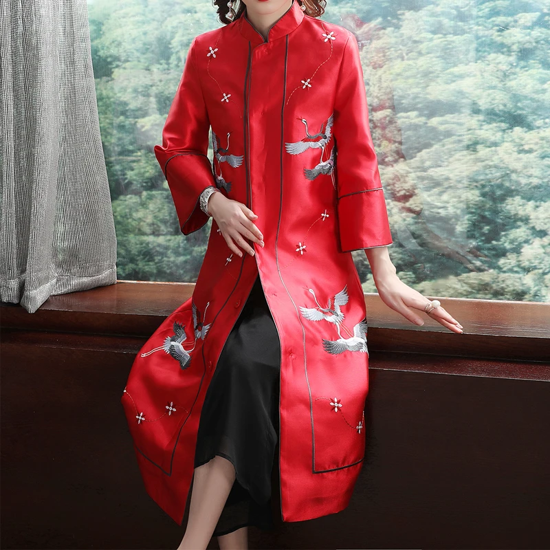 hanfu women long dress chinese style qing dynasty mandarin collar cotton embroidered female traditional national folk robe