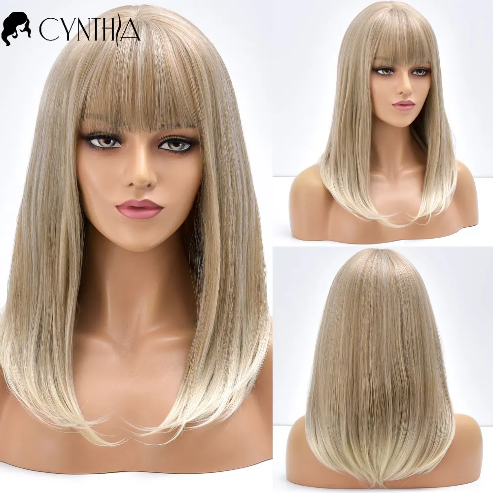 Blonde Ombre Long Straight Gold Synthetic Wig With Bangs For Black White Women Heat Resistant Fiber Daily Hair Cosplay Wigs